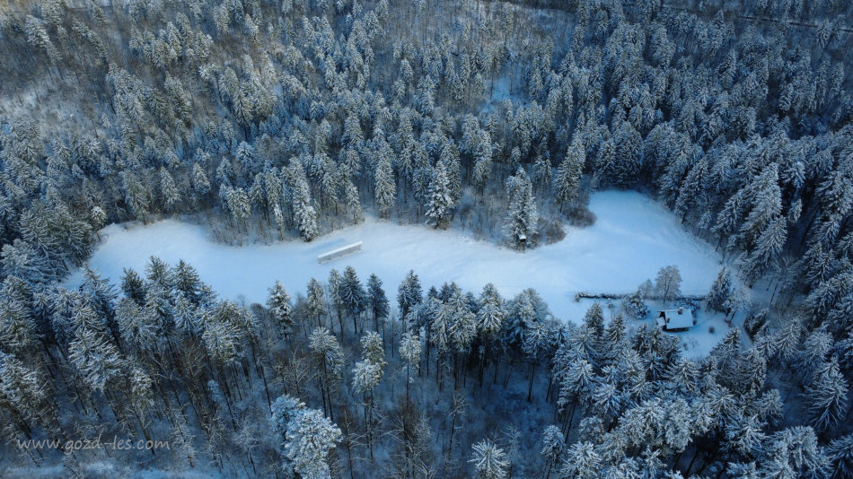 Travnik s kočo in kozolcem v snegu iz zraka